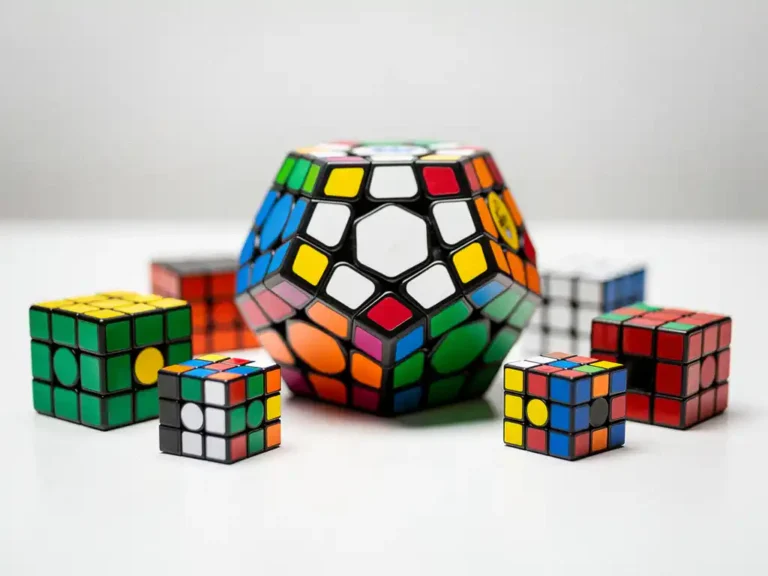 Megaminx dodecaëder puzzelkubus op wit bureau, omringd door kleurrijke speedcubes in verschillende formaten, studioverlichting.