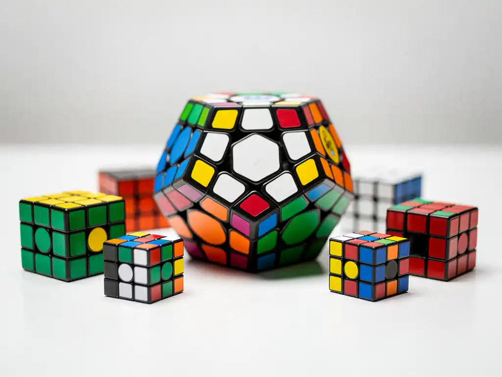 Megaminx dodecaëder puzzelkubus op wit bureau, omringd door kleurrijke speedcubes in verschillende formaten, studioverlichting.