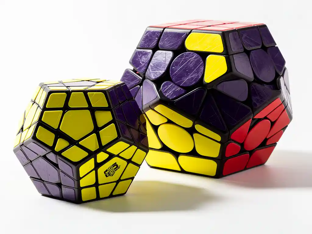 Megaminx en gigaminx puzzels naast elkaar op wit oppervlak, met paarse, gele en rode pentagonale vlakken.