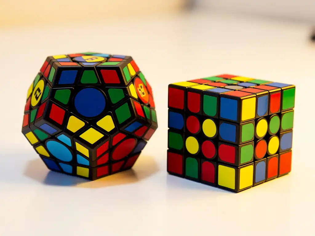 Megaminx dodecaëder en 4x4 Rubik's cube half opgelost naast elkaar op wit bureau, kleurrijke vlakken in warm studiolicht.
