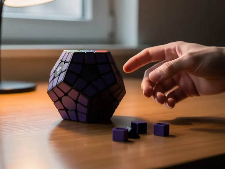 Beginner's hand reaching toward a deep purple magnetic megaminx dodecahedron puzzle on a warm wooden desk with scattered pieces nearby.