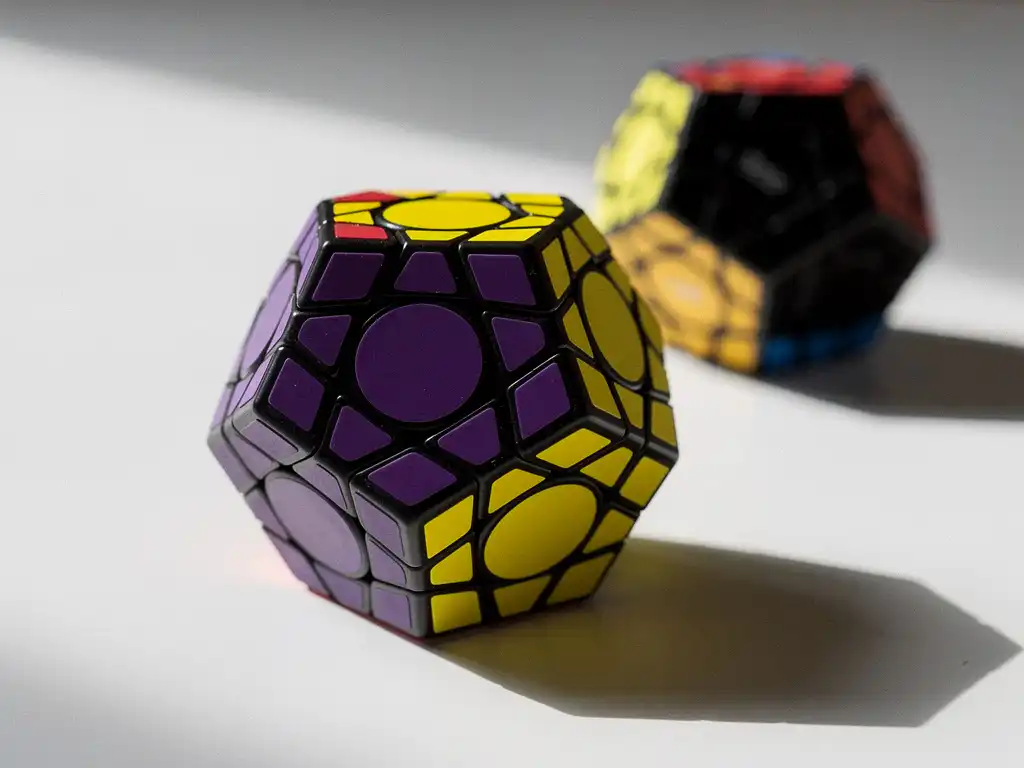 Megaminx-puzzel met twaalf veelkleurige pentagonale vlakken op wit oppervlak, dramatische zijverlichting benadrukt geometrische schaduwen.