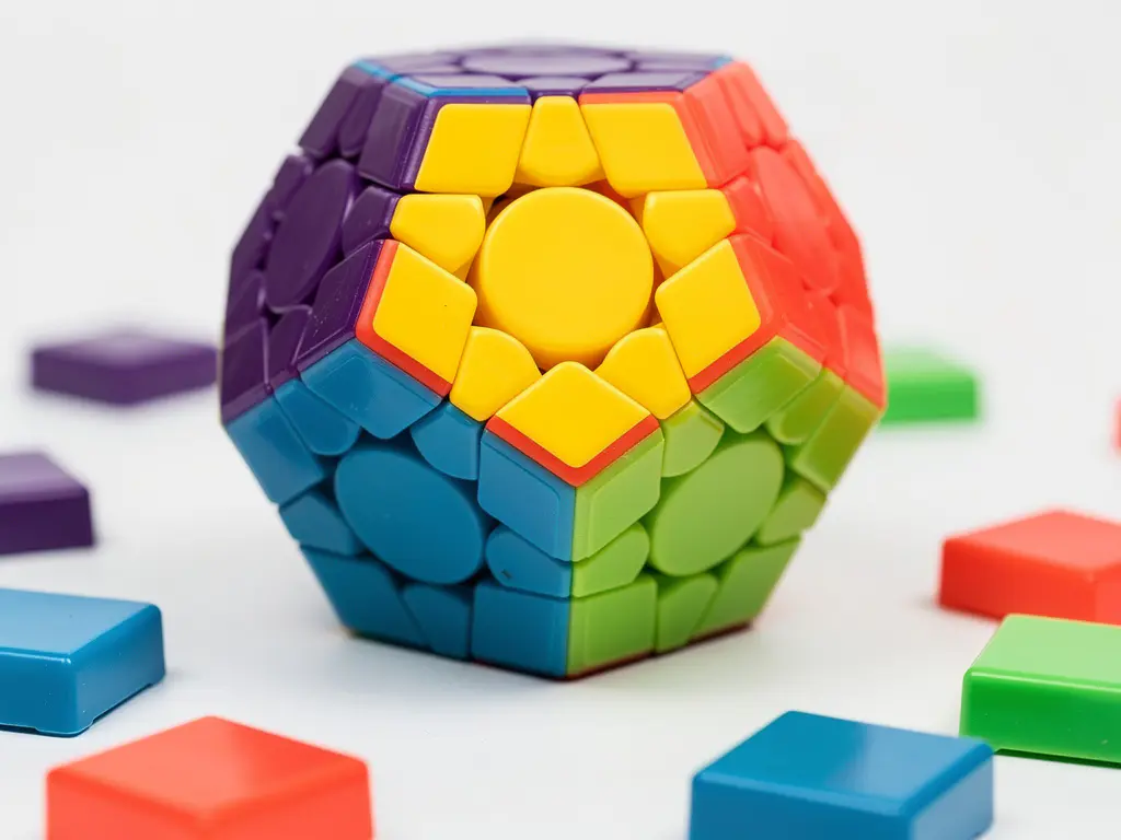 Glanzende megaminx dodecaëder puzzel met twaalf gekleurde pentagonale vlakken in paars, geel en koraalrood op witte ondergrond.