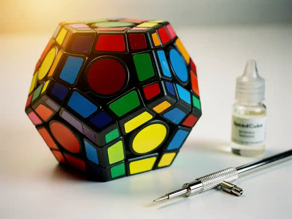 Megaminx puzzel met twaalf kleurrijke pentagonale vlakken op wit bureau, naast smeerolie en precisie schroevendraaier.