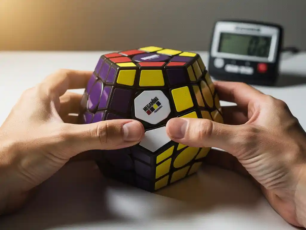 Vingers die een dodecaëdrische megaminx-puzzel vasthouden mid-solve, met paarse, gele en witte vlakken scherp in beeld en een competitietimer op de achtergrond.