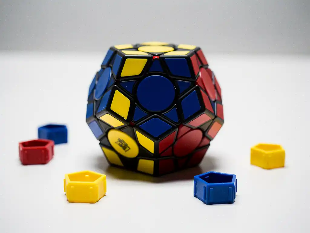Megaminx puzzel half opgelost met verschoven pentagonvlakken op wit bureau, losse stukjes ernaast, cobaltblauw, geel en rood.