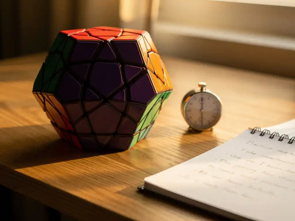 Kleurrijke megaminx puzzel met twaalf pentagonale vlakken op houten bureau naast analoge timer en spiraalblok met oefenaantekeningen, gouden uurtjes licht.