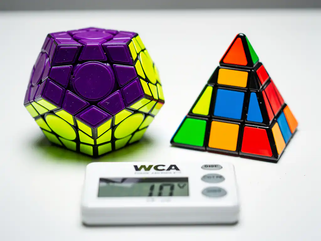 Paarse megaminx en geel-groene pyraminx naast elkaar op een witte wedstrijdtafel met WCA-timer op de voorgrond.