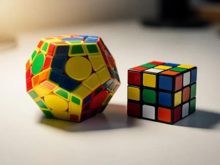 Megaminx dodecaëder-puzzel in meerdere kleuren naast een klassieke 3x3 Rubik's cube op wit bureau, beide gedeeltelijk opgelost.