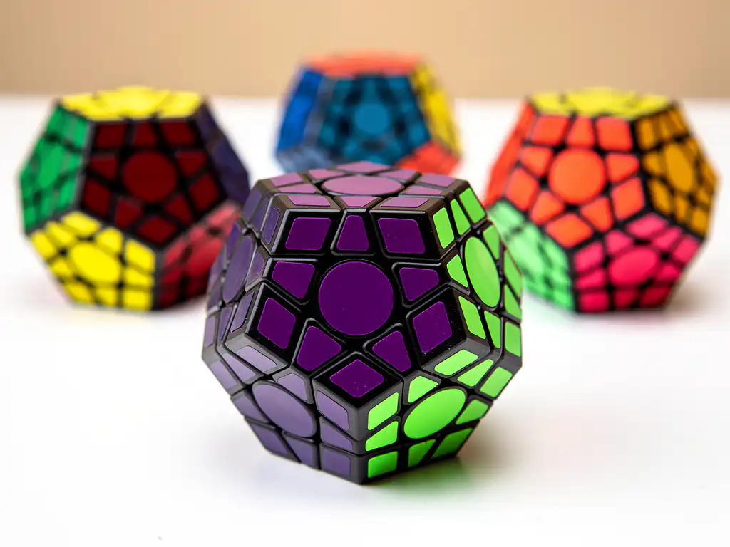Paarse megaminx dodecaëder puzzel op de voorgrond met meerdere kleurrijke megaminx puzzels onscherp op de achtergrond.