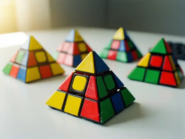 Kleurrijke pyraminx-puzzels op wit bureau, één gedeeltelijk opgelost met gemengde stickers in geel, rood en blauw.