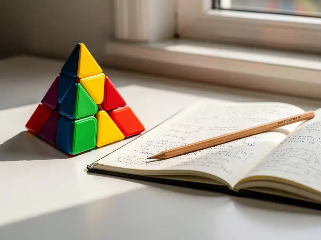 Kleurrijke pyraminx-puzzel op wit bureau naast notitieboek met algoritmenotaties en potlood, zacht natuurlijk zijlicht.