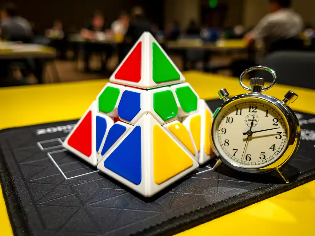Gele pyraminx-puzzel op een competitie-timermat naast een stopwatch, met een onscherpe toernooizaal op de achtergrond.
