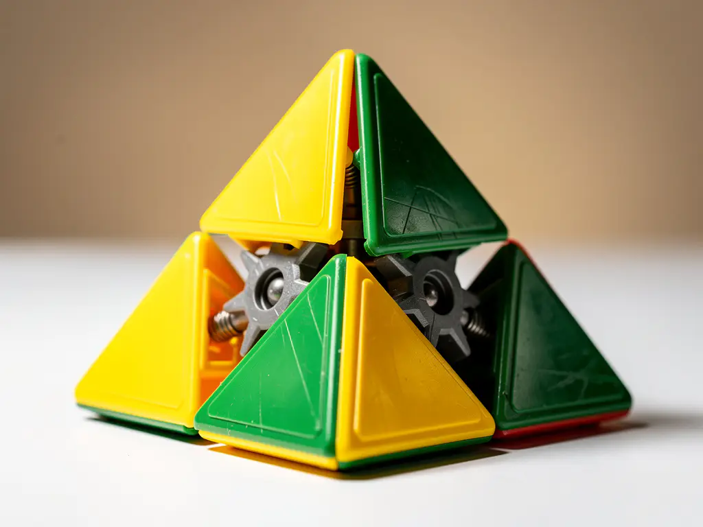 Pyraminx puzzel met gedraaide laag die het interne stervormige kernmechanisme onthult, gele en groene vlakken in studioverlichting.
