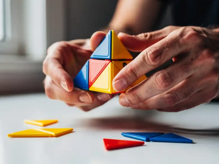 Handen die een kleurrijke pyraminx puzzel oplossen met gedeeltelijk uitgelijnde driehoekige vlakken boven een wit oppervlak.