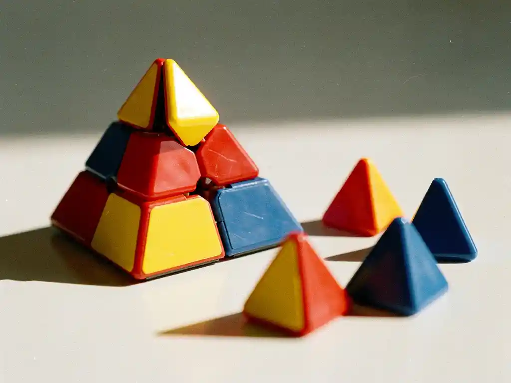 Kleurrijke pyraminx-puzzel halverwege een oplossing op wit oppervlak, met losse driehoekige stukjes en één uitgelijnde hoekstuk.