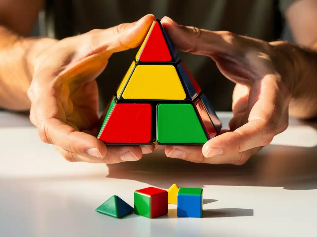 Handen houden een kleurrijke pyraminx puzzel vast tijdens het oplossen, met levendige rode, gele, groene en blauwe driehoekige vlakken.