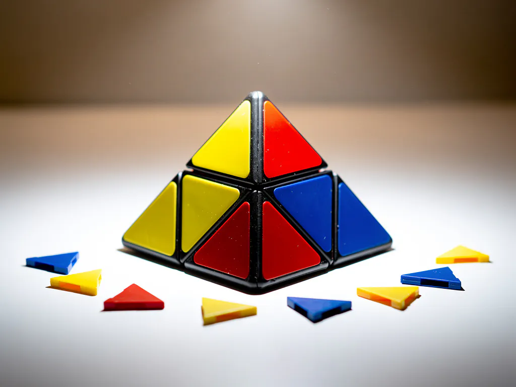 Kleurrijke pyraminx puzzel half opgelost op wit oppervlak, met gele, rode en blauwe vlakken in scherp studiolicht.