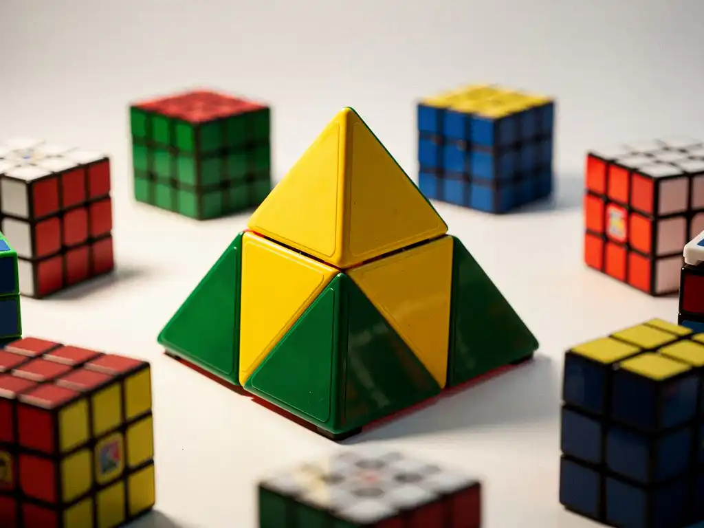 Pyraminx puzzel met gele en groene vlakken omringd door Rubik's cubes op wit oppervlak, studioverlichting.