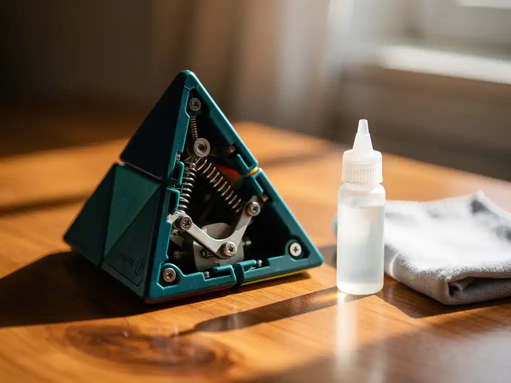 Gedeeltelijk gedemonteerde teal pyraminx op houten bureau met kubuslubricant en microvezeldoek in warm natuurlijk licht.