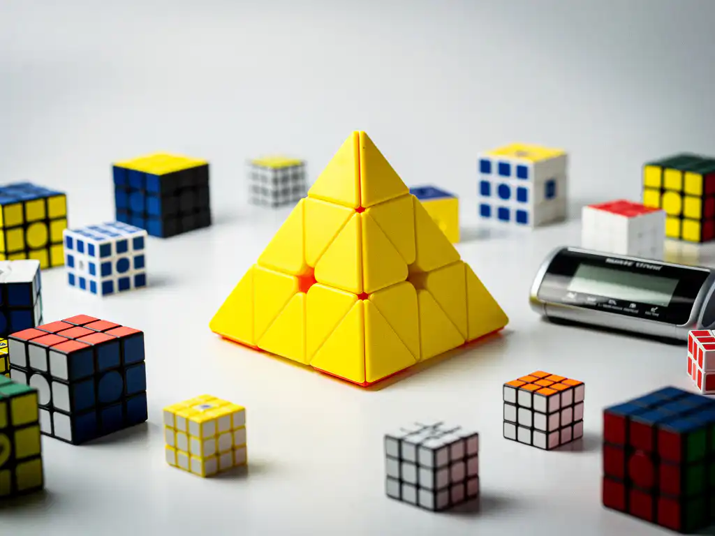 Gele pyraminx-puzzel op wit oppervlak, omringd door speedcubes en een competitietimer, studioverlichting.