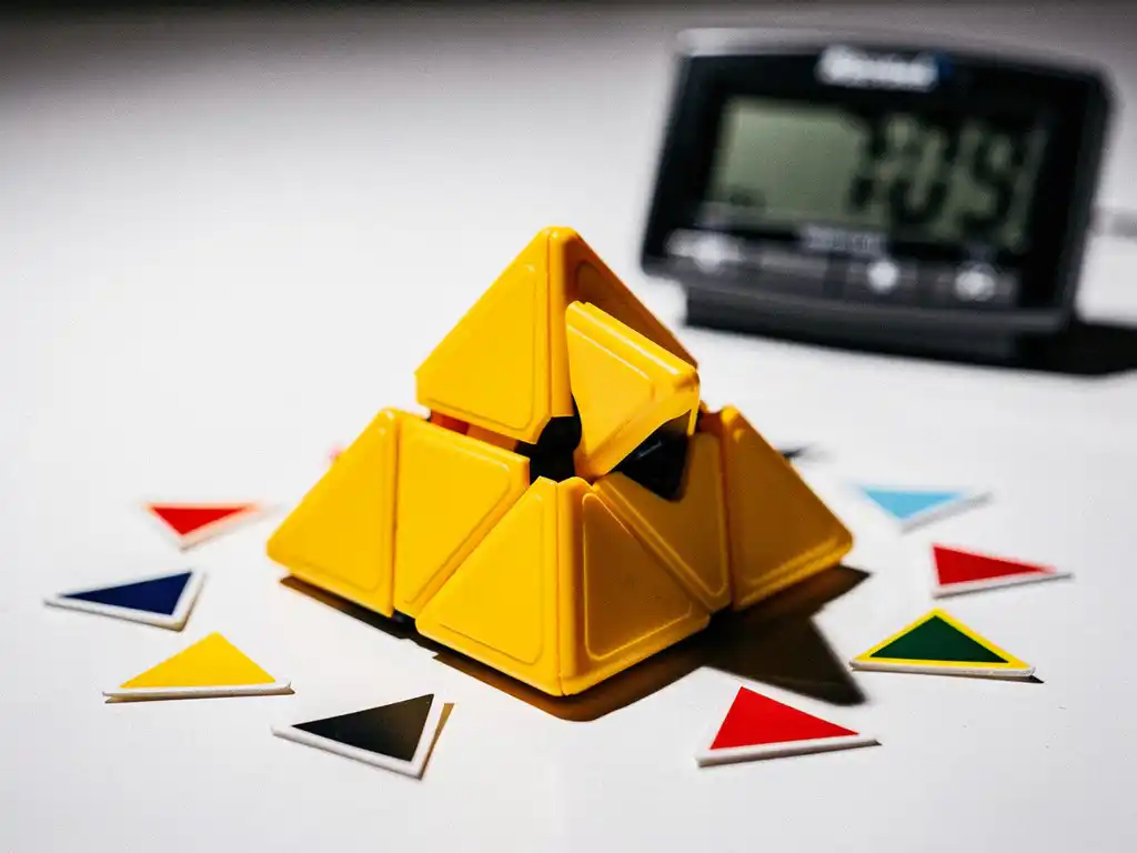 Gele Pyraminx puzzel mid-draai op wit oppervlak, met verspreide stickers en een wazige competitietimer op de achtergrond.