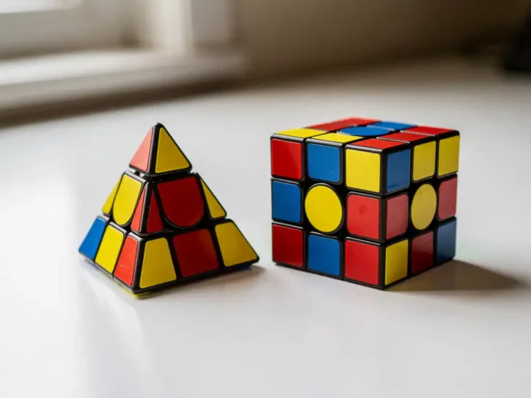 Pyraminx en 3x3 Rubik's Cube naast elkaar op wit bureau, verlicht door natuurlijk daglicht met levendige rode, gele en blauwe kleuren.