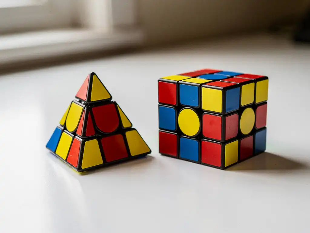 Pyraminx en 3x3 Rubik's Cube naast elkaar op wit bureau, verlicht door natuurlijk daglicht met levendige rode, gele en blauwe kleuren.