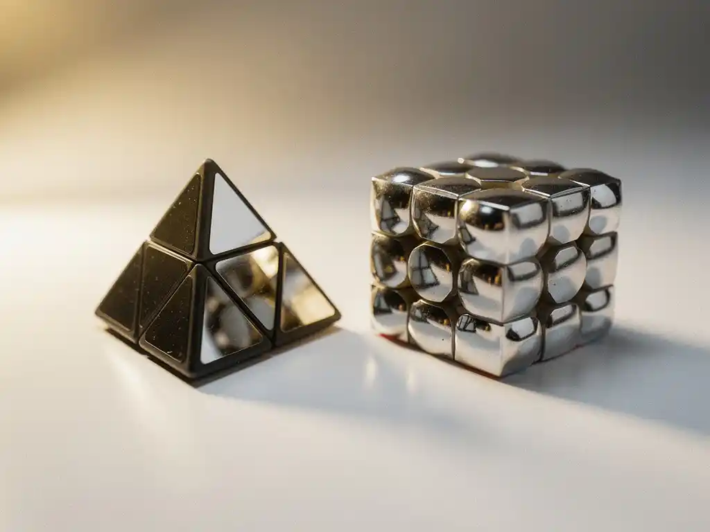 Pyraminx en mirror cube naast elkaar op wit oppervlak, verlicht door warm studiolicht met zachte schaduwen.