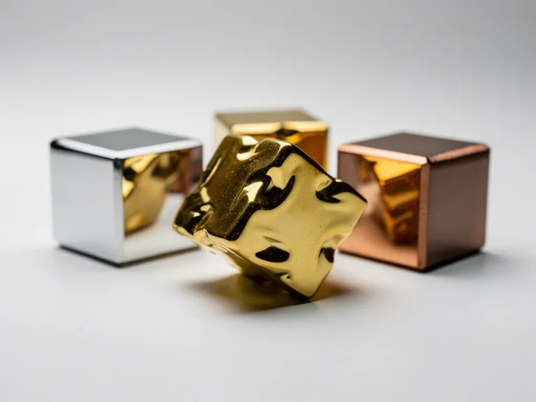 Zilveren, gouden en bronzen mirror cubes op wit oppervlak, één kubus half gedraaid met onregelmatige geometrie, studiobelichting.