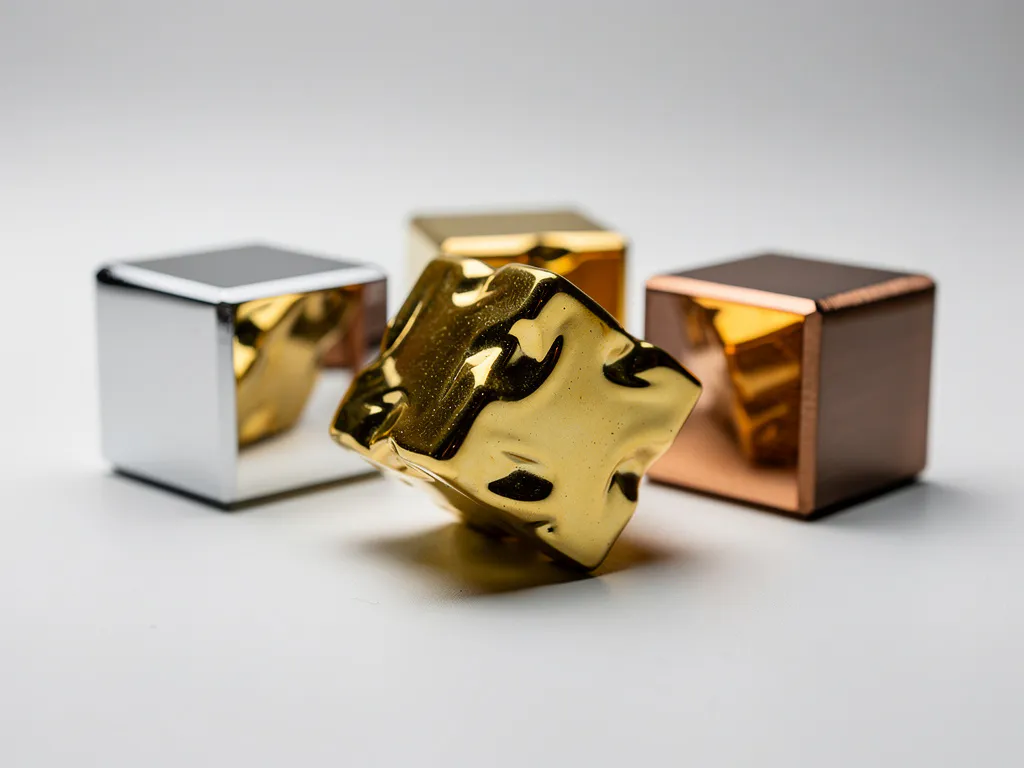 Zilveren, gouden en bronzen mirror cubes op wit oppervlak, één kubus half gedraaid met onregelmatige geometrie, studiobelichting.