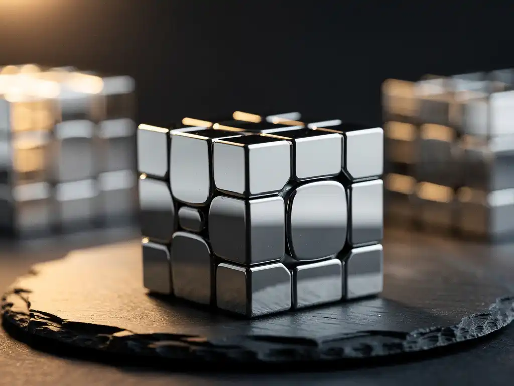 Zilveren mirror cube half opgelost op donker leisteen oppervlak, dramatisch zijlicht benadrukt onregelmatige metalen blokken.