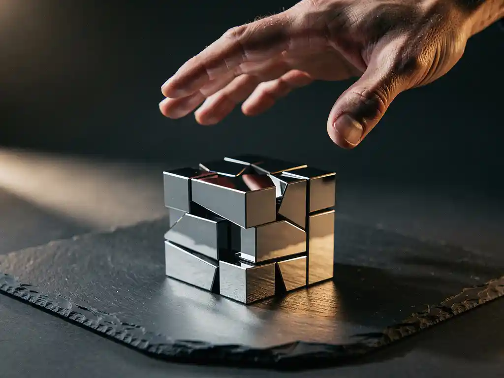 Hand zweeft boven een half-opgeloste mirror cube op donker leisteen, dramatisch zijlicht werpt geometrische schaduwen.
