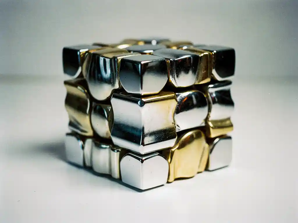 Gedeeltelijk opgeloste mirror cube met zilveren en chromen reflecties op wit oppervlak, dramatische lichtval op asymmetrische lagen.