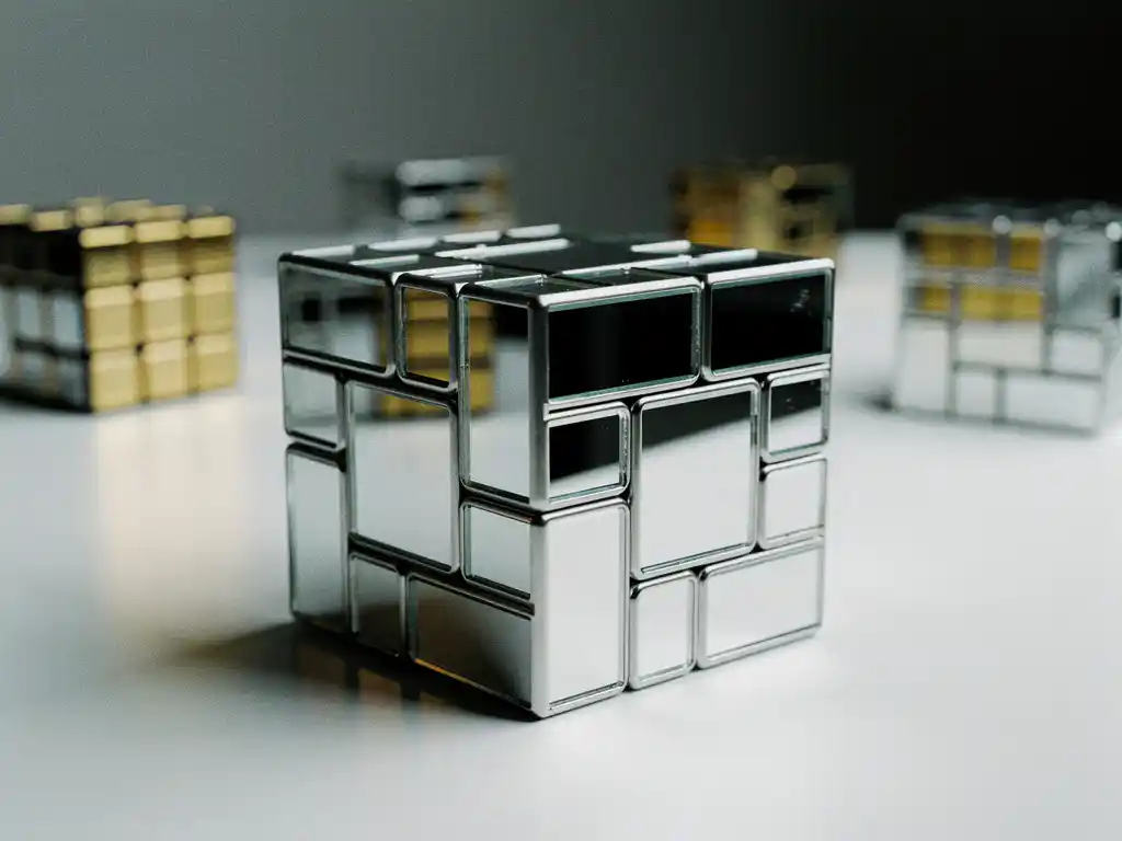 Zilveren mirror cube half opgelost op wit bureau, asymmetrische reflecterende tegels vangen dramatisch studiolicht.