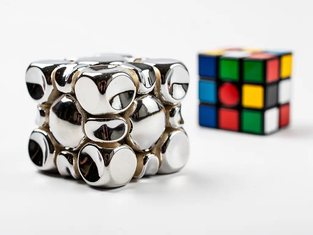 Onopgeloste mirror cube met zilveren reflecterende blokken naast een opgeloste Rubik's cube op wit oppervlak.