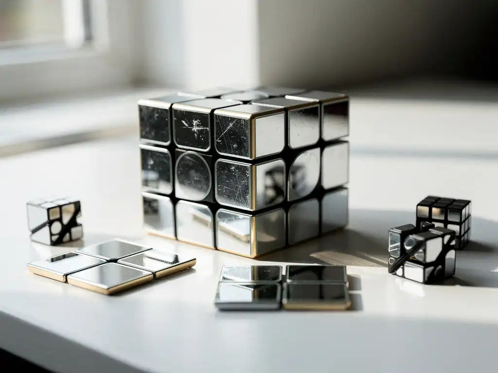 Zilveren mirror cube puzzel met asymmetrische lagen op wit bureau, omringd door opgeloste kubussen in zacht natuurlijk licht.