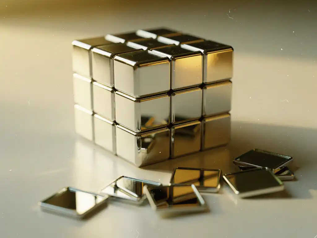 Zilveren mirror cube puzzel op wit oppervlak, reflecterende tegels vangen warm goudkleurig licht, losse stukjes verspreid ernaast.