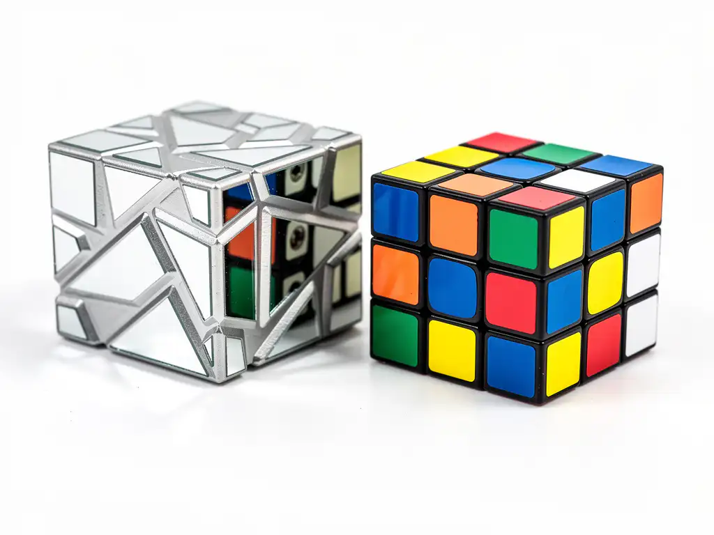 Zilveren mirror cube naast een standaard Rubik's kubus op witte ondergrond, met contrasterende onregelmatige geometrie en gekleurde stickers.