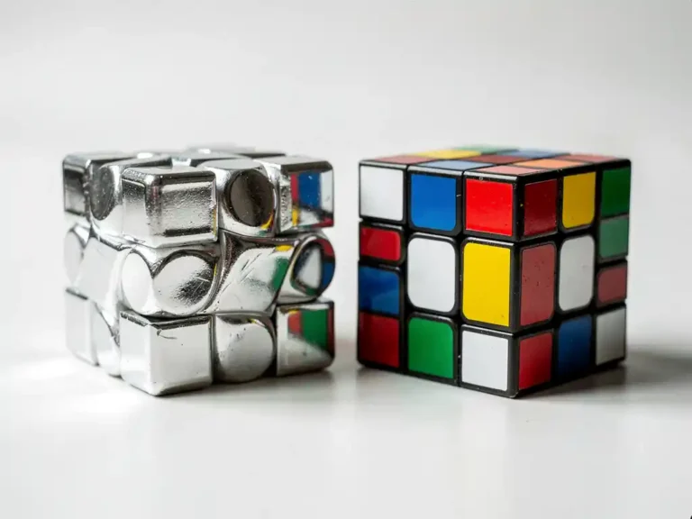 Zilveren mirror cube en klassieke 3x3 Rubik's cube naast elkaar op wit bureau, met scherpe schaduwen en kleurrijke stickers.