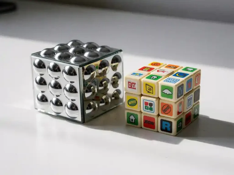 Gedeeltelijk gemengde mirror cube en klassieke 3x3 Rubik's cube op wit bureau, zilver metallic naast ivoor textuur.
