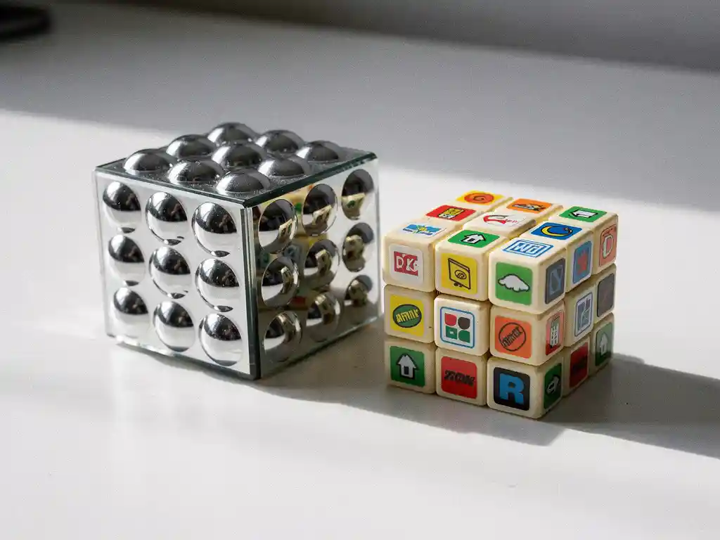 Gedeeltelijk gemengde mirror cube en klassieke 3x3 Rubik's cube op wit bureau, zilver metallic naast ivoor textuur.