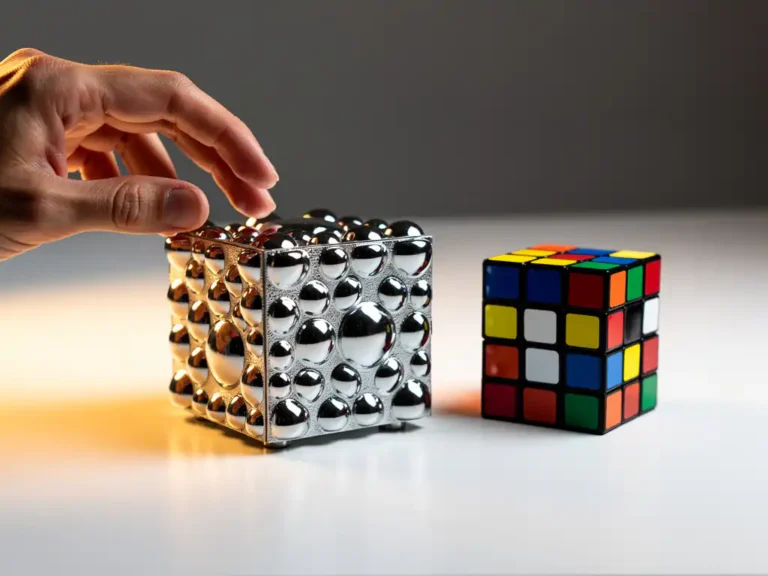 Zilveren mirror cube met onregelmatige reflecterende vlakken naast een standaard Rubik's cube op wit oppervlak, hand reikt ernaar in warm studiolicht.