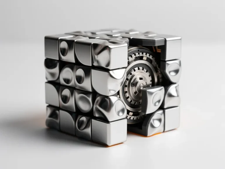 Zilveren mirror cube half gedraaid met asymmetrische uitstekende blokken en diepe schaduwen op een mat wit oppervlak.