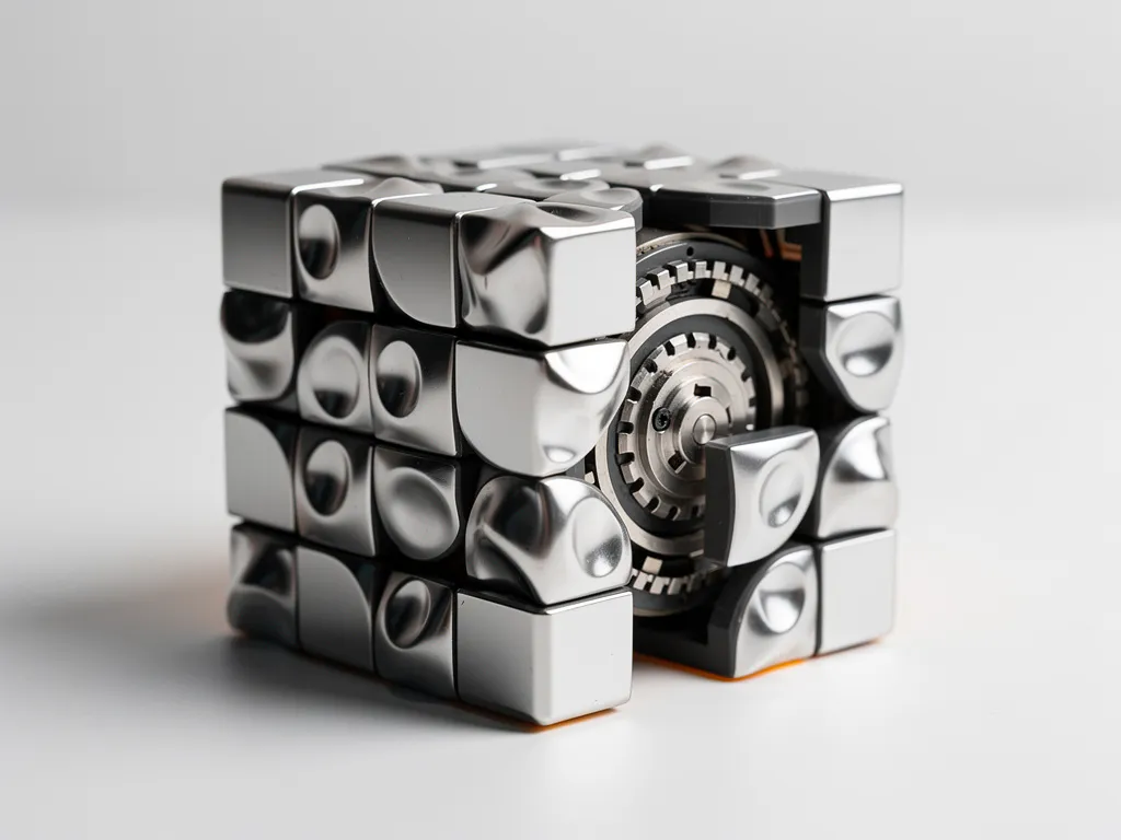 Zilveren mirror cube half gedraaid met asymmetrische uitstekende blokken en diepe schaduwen op een mat wit oppervlak.