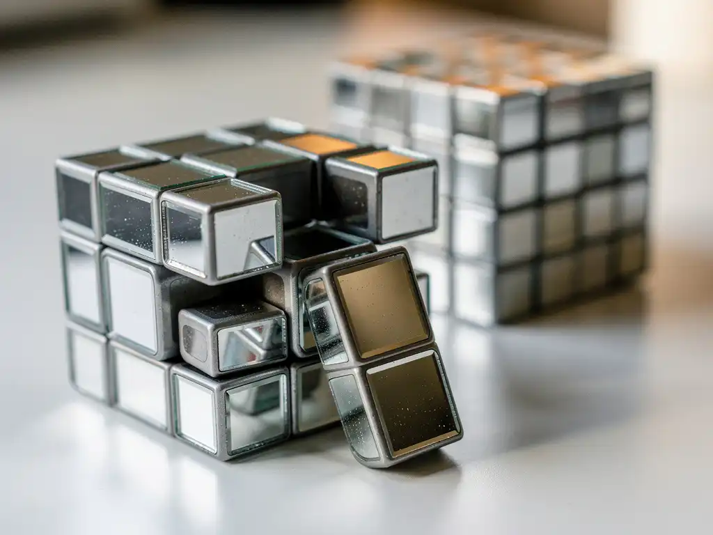 Gedeeltelijk gescramblede mirror cube met verschoven zilveren blokken op wit bureau, opgeloste mirror cube onscherp op achtergrond.