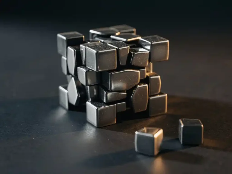 Gedeeltelijk gedraaide mirror cube met asymmetrische zilveren blokken op donker mat oppervlak, scherpe schaduwen en warme zijverlichting.