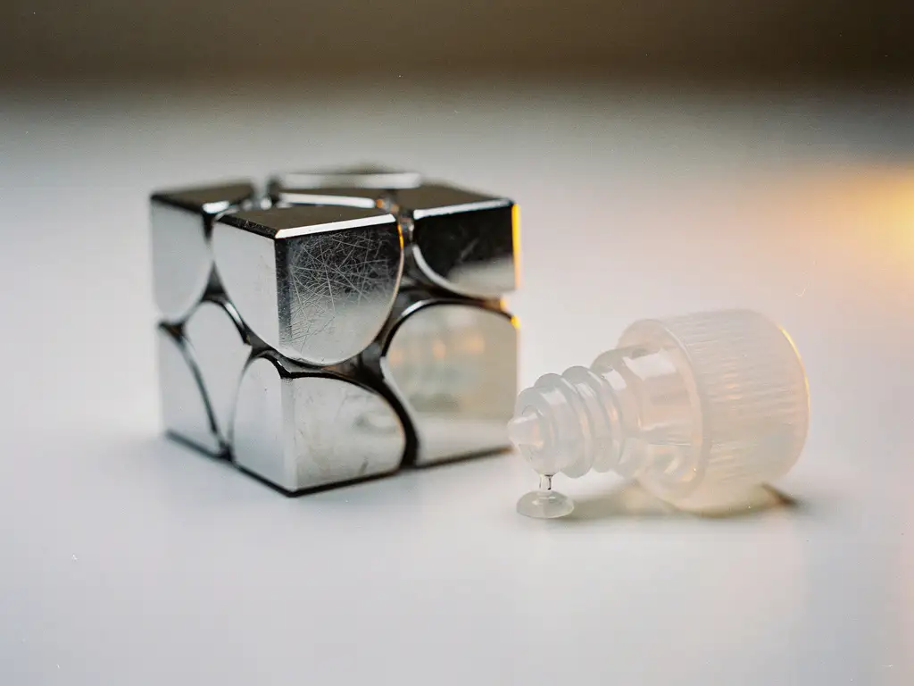Zilveren mirror cube naast een open flesje siliconensmeersel met druppel op witte ondergrond.