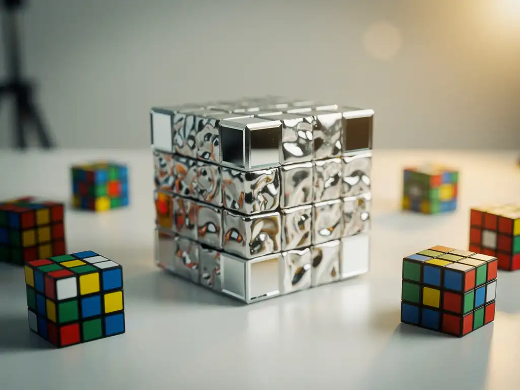 Zilveren mirror cube half-opgelost op wit bureau, omringd door kleurrijke standaard Rubik's cubes, warme studiobelichting.