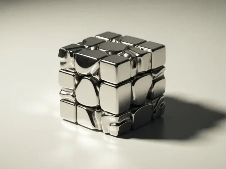 Gedeeltelijk opgeloste mirror cube puzzel met asymmetrische zilveren blokken op wit oppervlak, scherpe schaduwen en ondiepte scherptediepte.